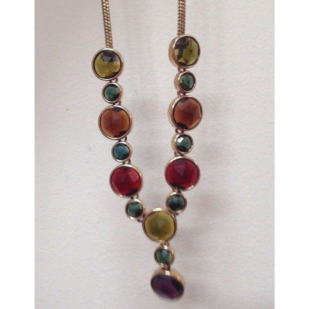 Vintage Jewel Gold Tone Briolette Cut Glass Shiny Brass Fancy Pendant Necklace
